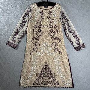 Almirah Tunic Dress Embroidered Women’s Size M Tan Cream‎ Purple Sheer Sleeves